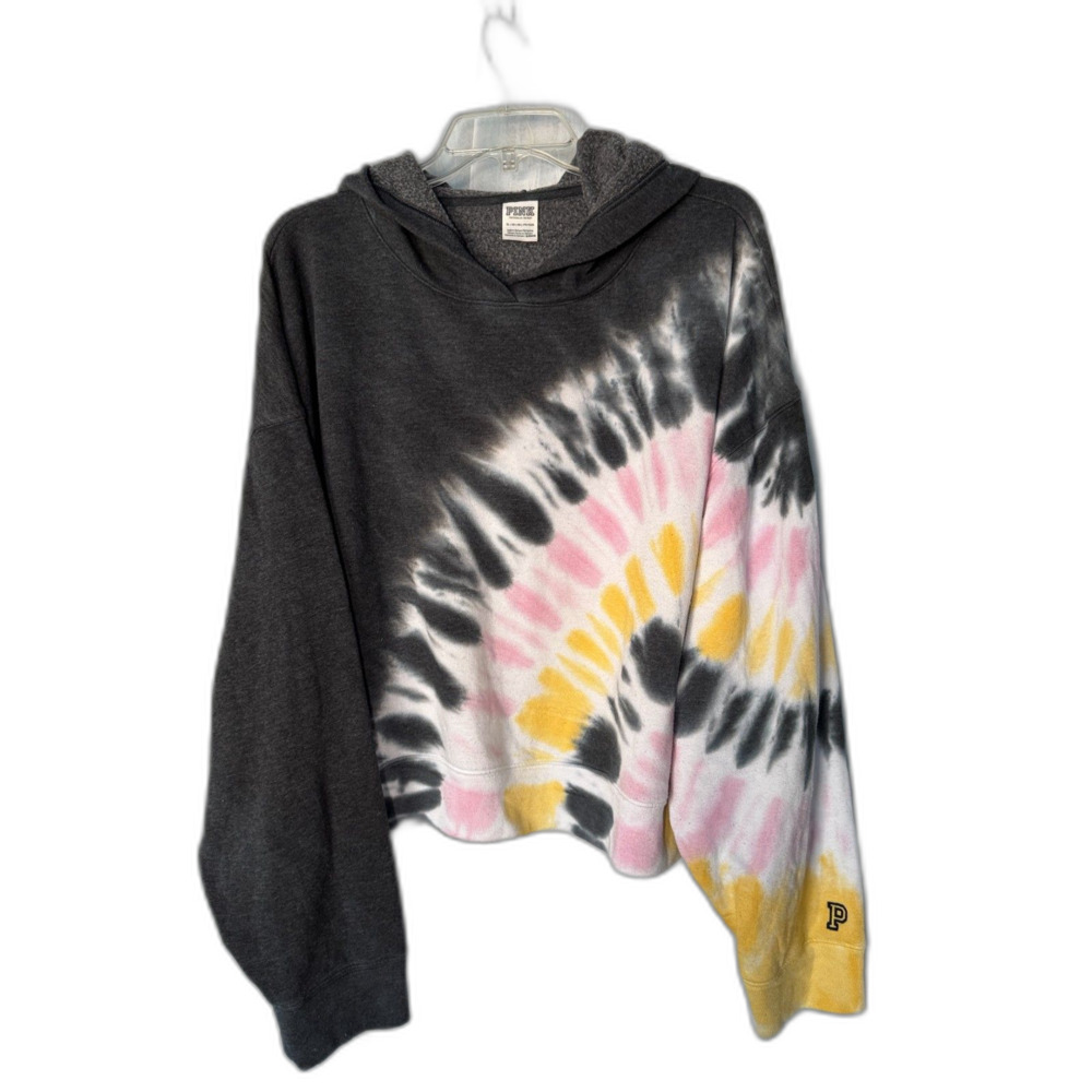 VS PINK Cropped Tie Dye Hoodie Charcoal Grey Pink Yellow Spiral Pullover